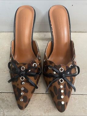 Leopard-Print Pointed Mule with Bow - Brown/Tan